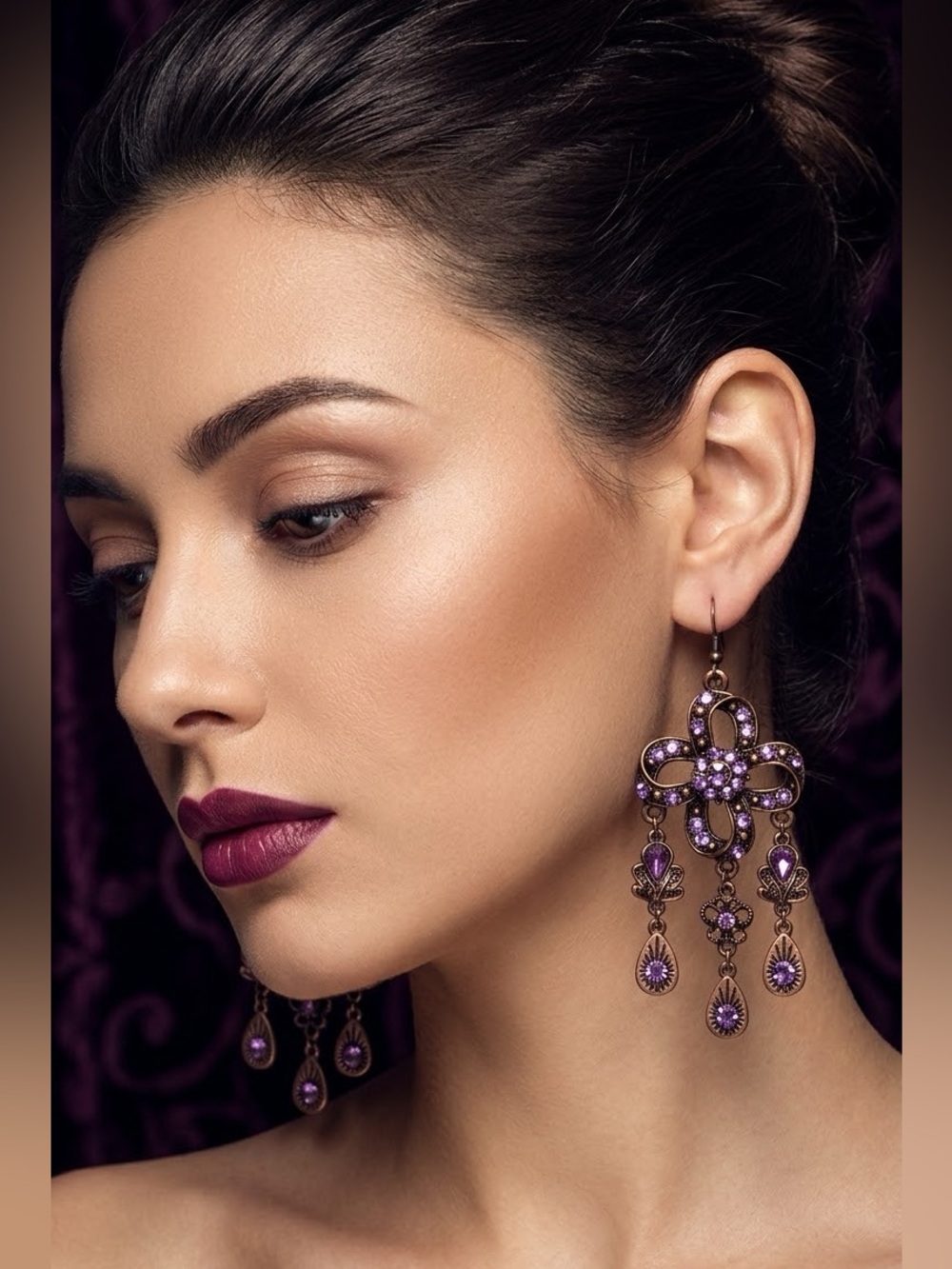 Never Used Vintage Purple Crystal Chandelier Earrings in Antique Bronze